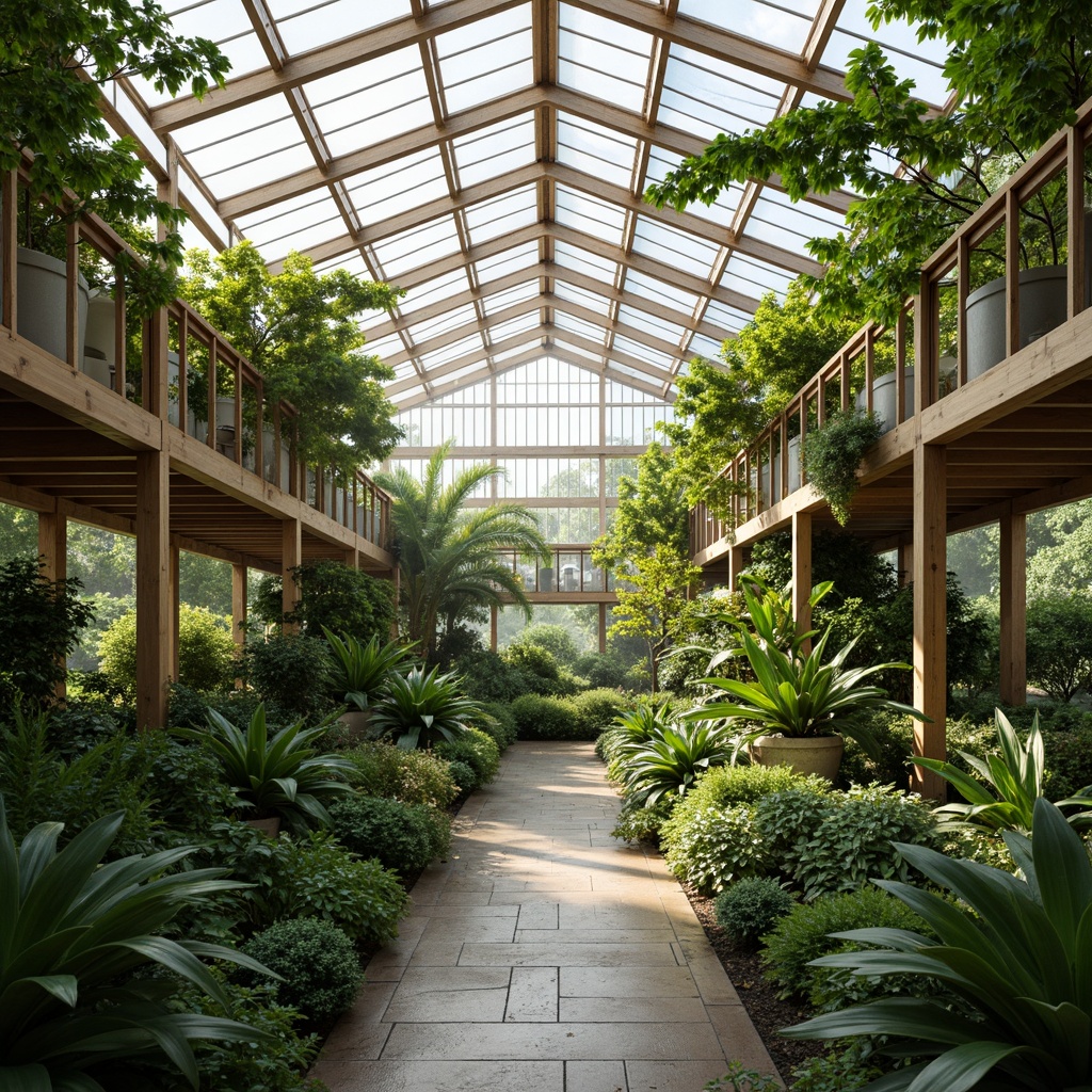 Prompt: Vibrant greenhouse interior, lush greenery, tropical plants, natural stone flooring, wooden trellises, modern minimalist architecture, large glazed roofs, clerestory windows, diffuse soft lighting, warm color temperature, 1/1 composition, shallow depth of field, realistic textures, ambient occlusion, serene atmosphere, humid climate, misty morning, gentle breeze.