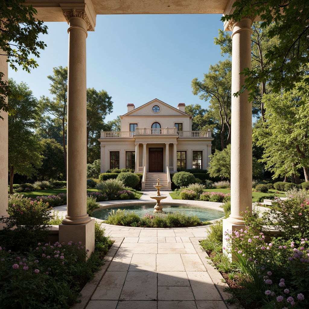 Prompt: Grand villa, elegant columns, classic Greek Revival architecture, ornate capitals, fluted shafts, rustic stone bases, sprawling gardens, lush greenery, vibrant flowers, serene water features, tranquil fountains, sunny day, soft warm lighting, shallow depth of field, 3/4 composition, realistic textures, ambient occlusion.