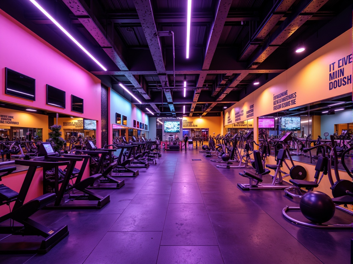 Prompt: Vibrant fitness club, energetic atmosphere, bold color scheme, bright neon lights, motivational quotes, modern equipment, sleek metal frames, rubber flooring, mirrored walls, high ceilings, dynamic lighting, 3/4 composition, shallow depth of field, realistic textures, ambient occlusion.