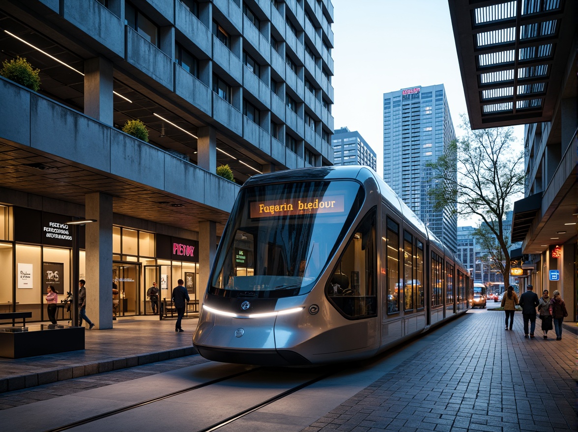 Prompt: Futuristic tram station, sleek metal fa\u00e7ade, dynamic LED lighting, angular lines, geometric patterns, modernist architecture, urban cityscape, busy streets, vibrant neon signs, concrete columns, glass canopies, cantilevered roofs, minimalist benches, stainless steel railings, industrial-style flooring, atmospheric misting systems, shallow depth of field, 1/1 composition, high-contrast lighting, realistic reflections, ambient occlusion.