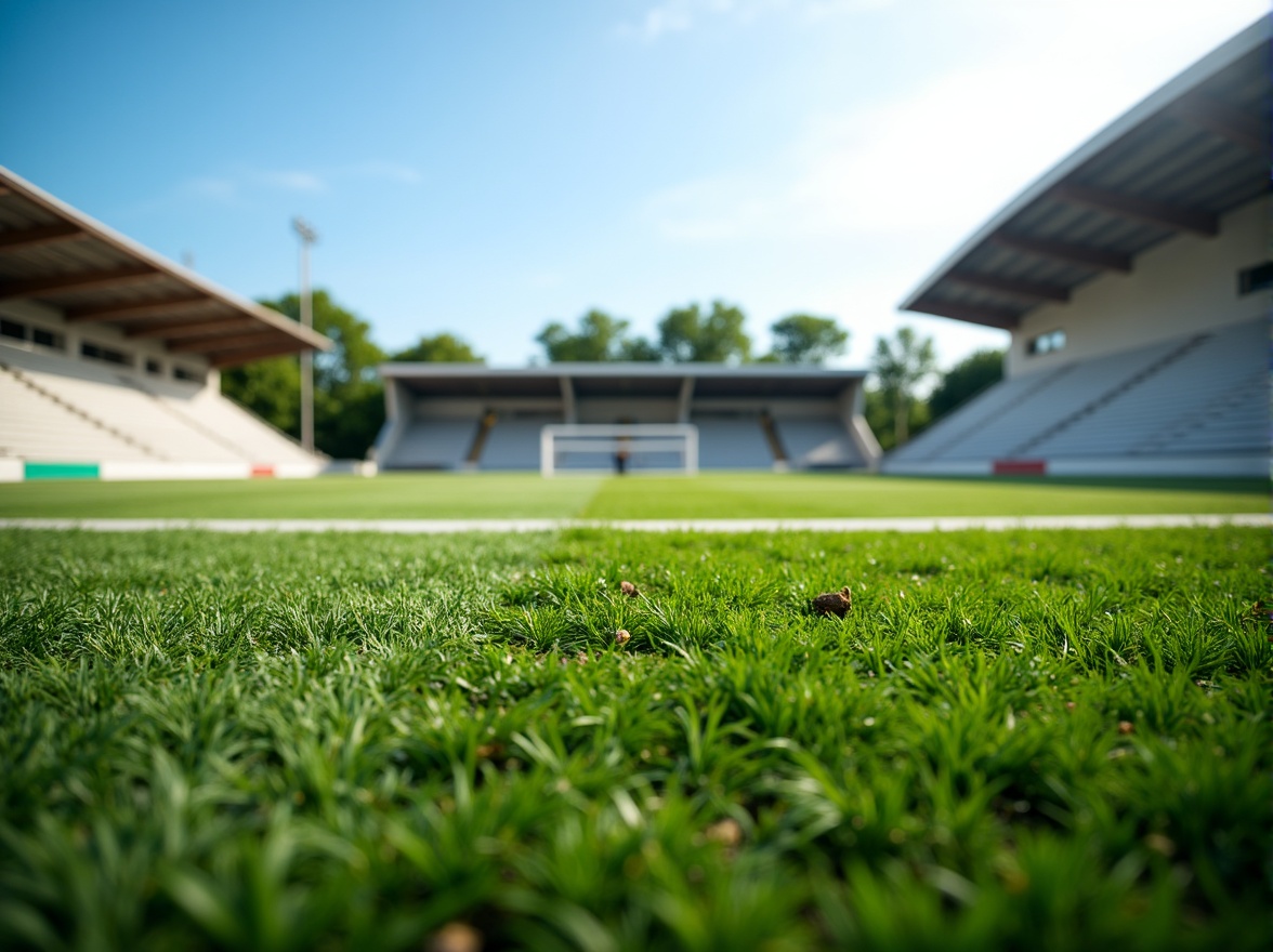 Prompt: Natural grass turf, lush green color, subtle texture, soft and durable surface, athletic track lines, goalposts, stadium seating, modern sports complex, clear blue sky, sunny day, shallow depth of field, 3/4 composition, realistic textures, ambient occlusion.