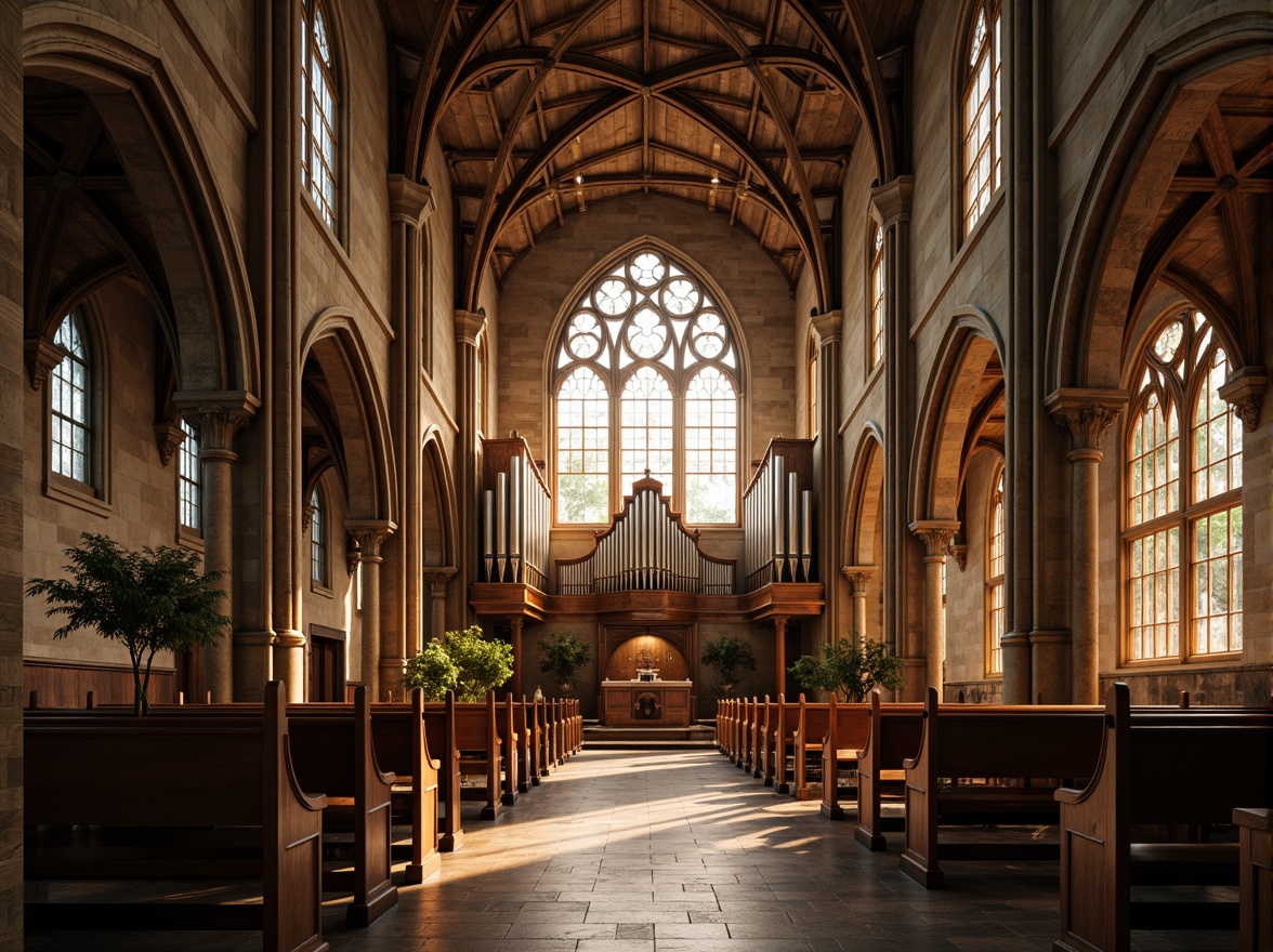 Prompt: Ethereal church interior, vaulted ceilings, stained glass windows, ornate wooden pews, intricately carved stone walls, Gothic arches, grand pipe organs, subtle natural light, warm golden tones, luxurious velvet drapes, polished marble floors, rustic wooden beams, mystical ambiance, dramatic high contrast lighting, shallow depth of field, 1/1 composition, detailed textures, ambient occlusion.