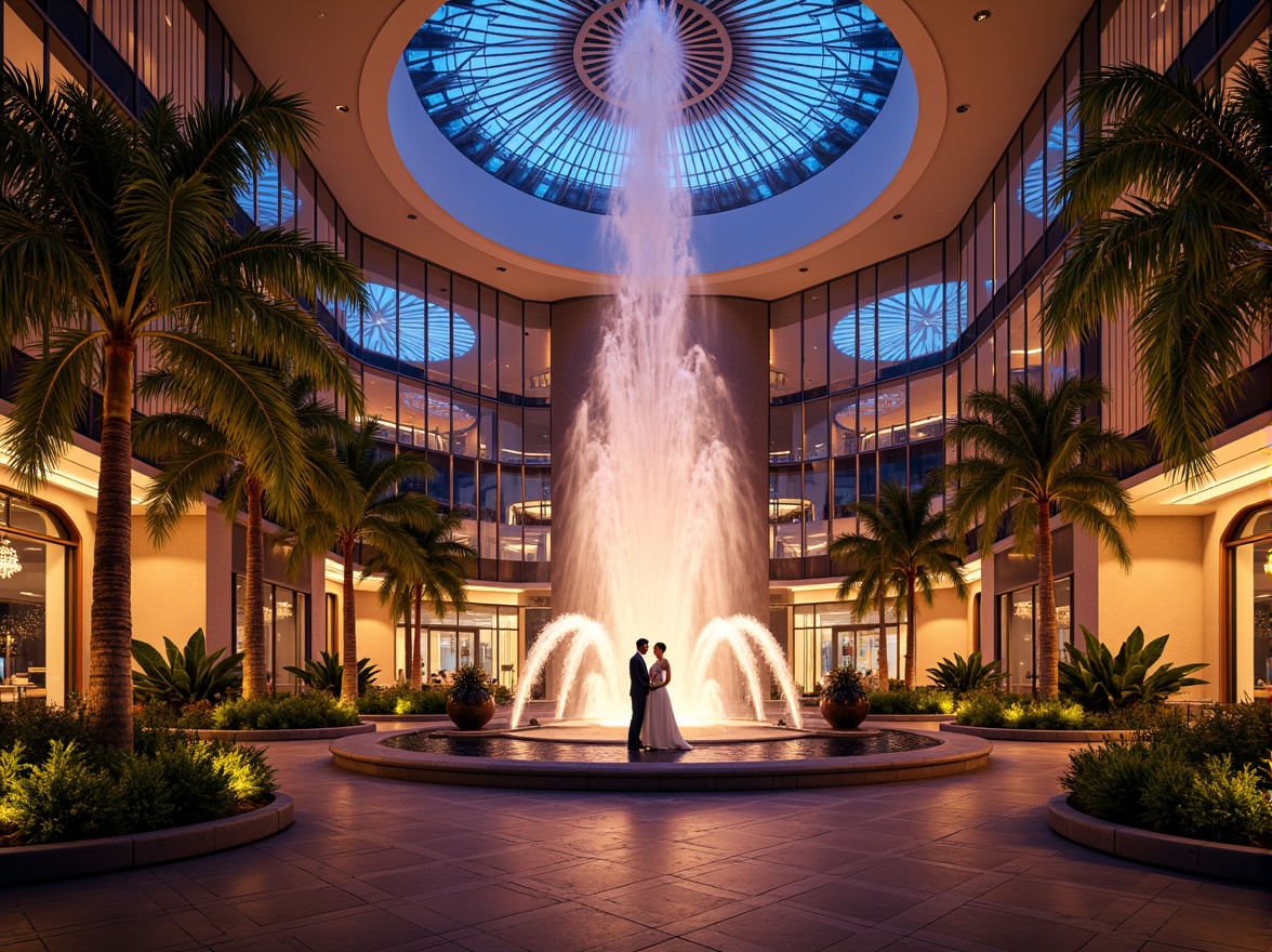 Prompt: Luxurious casino entrance, grand fountain show, lush tropical plants, vibrant neon lights, modern postmodern architecture, curvaceous lines, bold geometric shapes, mirrored glass facades, ornate metal decorations, lavish water features, exotic palm trees, warm golden lighting, shallow depth of field, 1/2 composition, cinematic view, realistic reflections, ambient occlusion, intricate stone carvings, luxurious textiles, glamorous chandeliers.