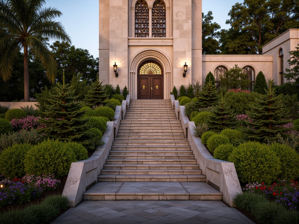 Prompt: Elegant church fa\u00e7ade, geometric stone carvings, ornate metal gates, symmetrical landscaping, lush green hedges, vibrant flower beds, spiral topiaries, curved walkways, grand entrance stairs, decorative fountains, ambient lanterns, warm golden lighting, shallow depth of field, 1/1 composition, realistic textures, subtle atmospheric effects.