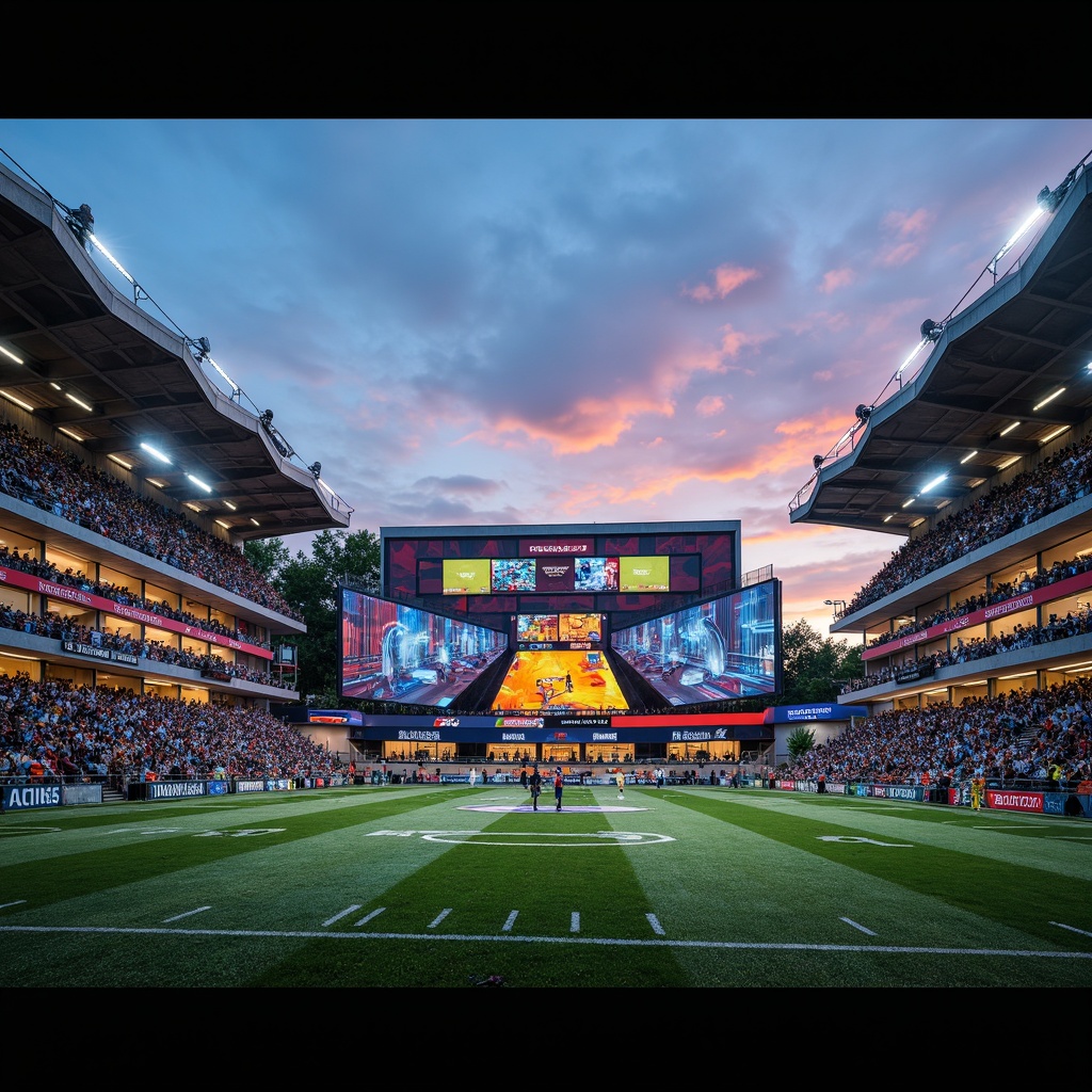 Prompt: Vibrant football stadium, dynamic angular lines, cantilevered roofs, exposed steel beams, concrete brutalist fa\u00e7ade, abstract geometric patterns, bold color schemes, atmospheric floodlights, evening sunset ambiance, low-angle dramatic lighting, 3/4 composition, symmetrical architecture, monumental entrance gates, sleek digital scoreboards, lush green turf, natural grass textures, enthusiastic crowd atmosphere, shallow depth of field, realistic reflections.