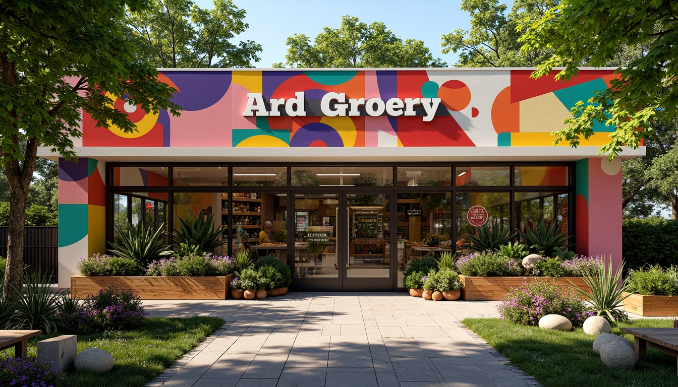 Prompt: Vibrant expressionist grocery store facade, bold geometric shapes, bright primary colors, abstract murals, distorted proportions, playful typography, whimsical signage, lush greenery, overflowing flower boxes, meandering pathways, rustic wooden benches, eclectic outdoor decor, industrial metal accents, reclaimed wood textures, warm ambient lighting, shallow depth of field, 1/1 composition, panoramic view, realistic materials, ambient occlusion.