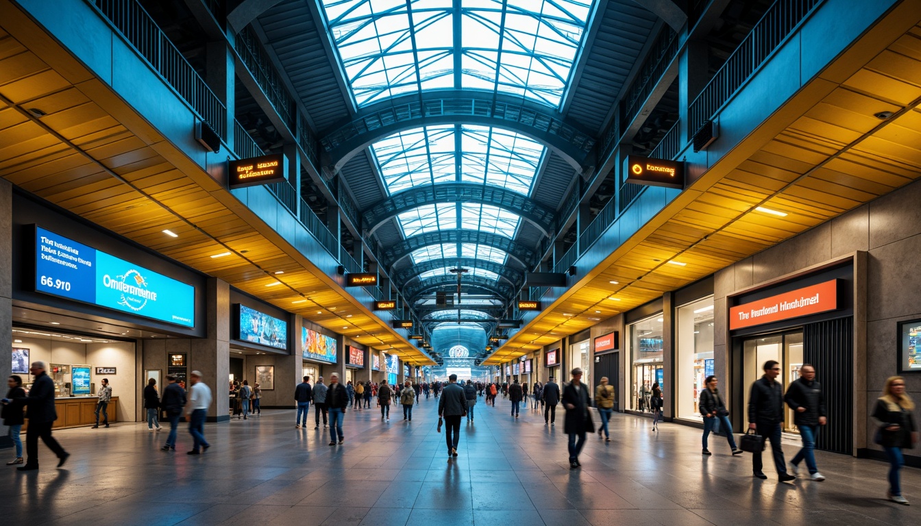 Prompt: Vibrant urban hub, bustling train terminals, modern architecture, sleek metal beams, polished concrete floors, bold color scheme, bright yellow accents, deep blue tones, warm golden lighting, industrial-chic decor, dynamic signage, futuristic LED displays, energetic atmosphere, morning rush hour, soft natural light, shallow depth of field, 1/1 composition, symmetrical framing.