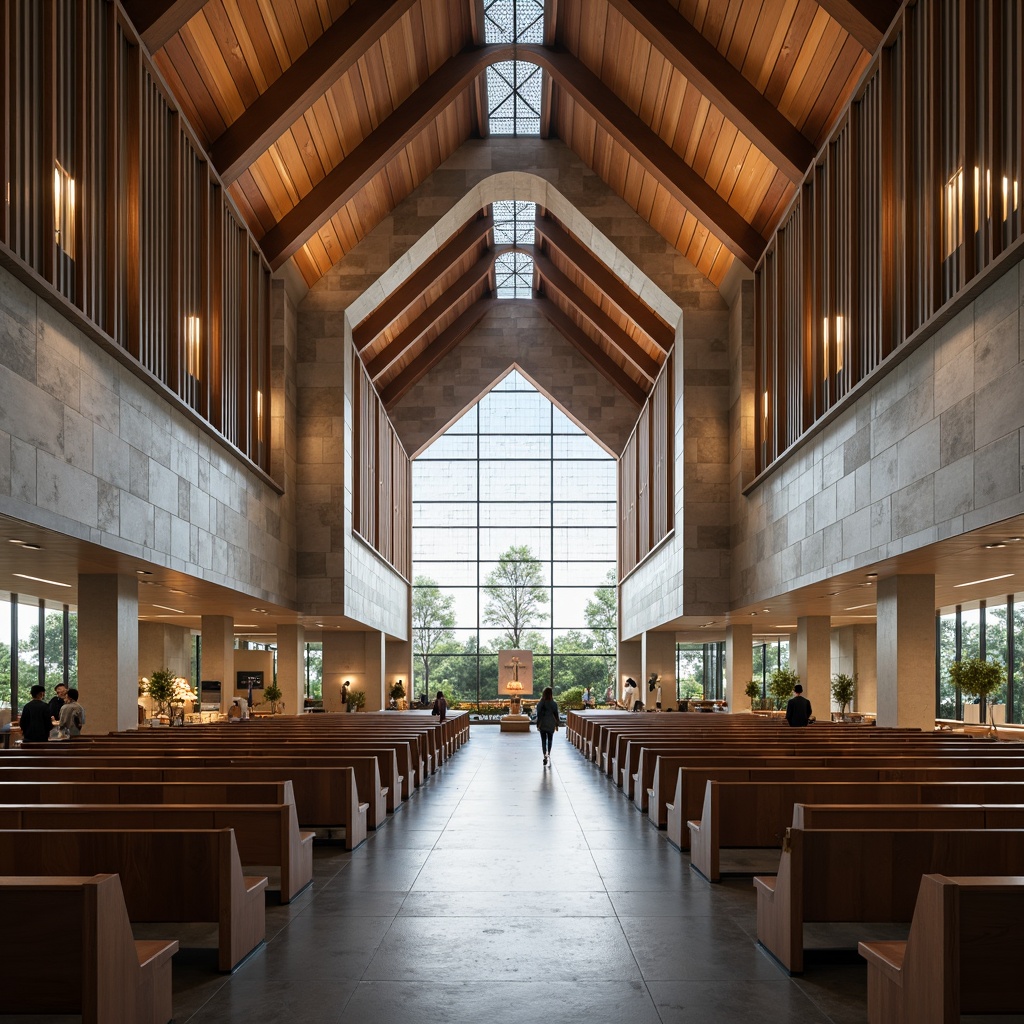 Prompt: Contemporary church interior, minimalist pews, stained glass windows, vaulted ceilings, natural stone walls, sleek wooden accents, modern chandeliers, ambient lighting, shallow depth of field, 3/4 composition, realistic textures, subtle color palette, peaceful atmosphere, calm ambiance, spiritual vibe, innovative spatial layout, open floor plan, functional spaces, community areas, gathering zones, acoustic considerations, reverberation control, sound-absorbing materials.