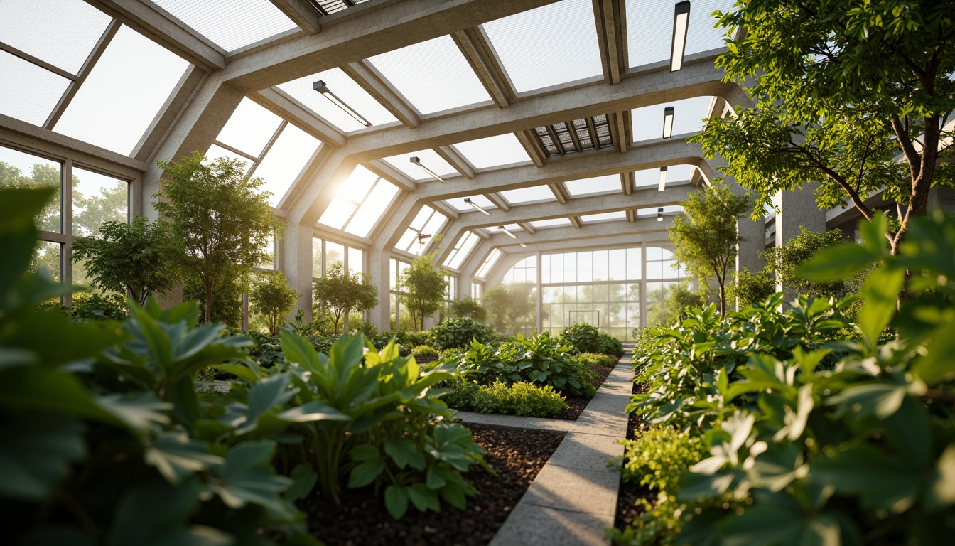 Prompt: Natural ventilation system, climate-controlled greenhouse, lush greenery, tropical plants, warm humid air, misting systems, evaporative cooling, roof vents, side vents, automatic vent openers, insect screens, polycarbonate roofing, aluminum framing, modern agricultural design, sustainable farming practices, natural lighting, supplemental LED grow lights, CO2 enrichment systems, fogging systems, humidity control sensors, temperature monitoring systems, automated climate management, 1/1 composition, soft warm lighting, shallow depth of field, realistic textures.