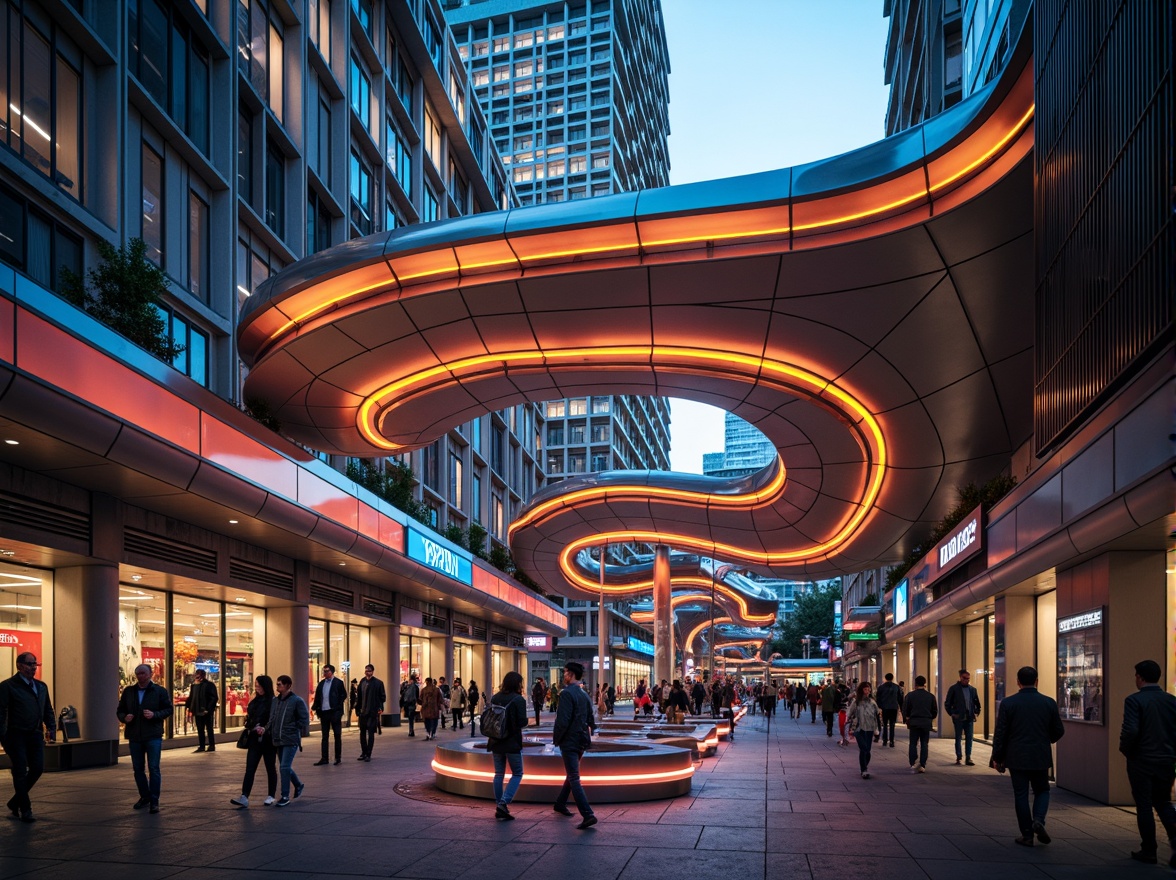 Prompt: Expressive bus station, curved futuristic lines, vibrant neon lights, abstract sculptural forms, irregular shapes, bold geometric patterns, dynamic angular structures, metallic materials, reflective glass facades, cantilevered roofs, urban cityscape, bustling crowd, morning rush hour, warm soft lighting, shallow depth of field, 1/2 composition, cinematic atmosphere, high-contrast colors, dramatic shadows.