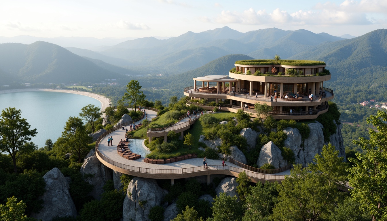 Prompt: Panoramic viewing tower, harmonious landscape integration, winding stone staircases, lush green roofs, wooden decks, scenic lookout points, majestic mountain ranges, serene lakeside scenery, misty forests, rustic wooden accents, earthy color palette, natural stonework, curved lines, organic architecture, soft warm lighting, 1/1 composition, realistic textures, ambient occlusion.