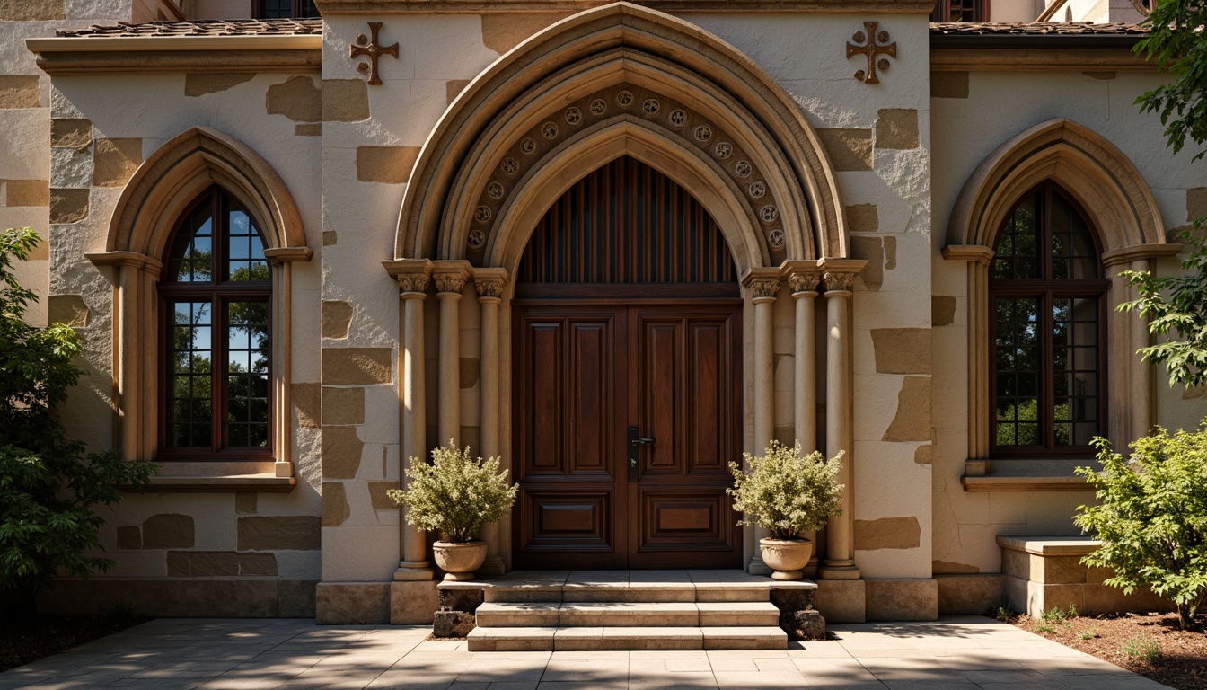 Prompt: Rustic church facade, weathered stone walls, arched windows, ornate wooden doors, Gothic-inspired architecture, intricate stonework patterns, earthy tone color palette, natural light pouring through stained glass, serene ambiance, subtle warm lighting, 1/2 composition, shallow depth of field, realistic textures, ambient occlusion, mysterious shadows, peaceful atmosphere.