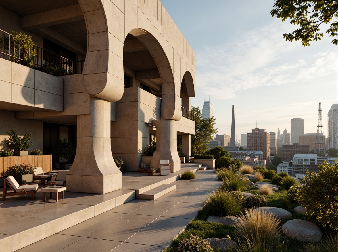 Prompt: Thermal mass building, exposed concrete walls, polished stone floors, natural ventilation systems, passive solar design, earthy color palette, organic shapes, curvaceous lines, brutalist architecture, industrial chic aesthetic, urban rooftop setting, cityscape views, warm afternoon sunlight, soft shadows, 1/2 composition, atmospheric perspective, realistic material textures, ambient occlusion.