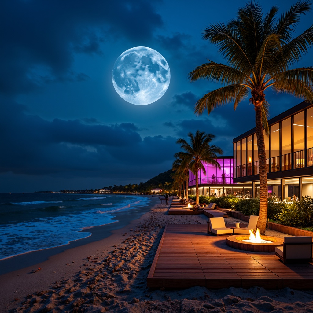 Prompt: Moonlit beachside nightclub, tropical palm trees, ocean waves crashing, sandy shoreline, vibrant neon lights, modern minimalist architecture, sleek glass facades, LED lighting installations, outdoor lounge seating, fire pits, wooden decking, coastal breeze, salty air, misty atmosphere, dramatic spotlights, 3/4 composition, low-angle shot, warm color palette, ambient occlusion.