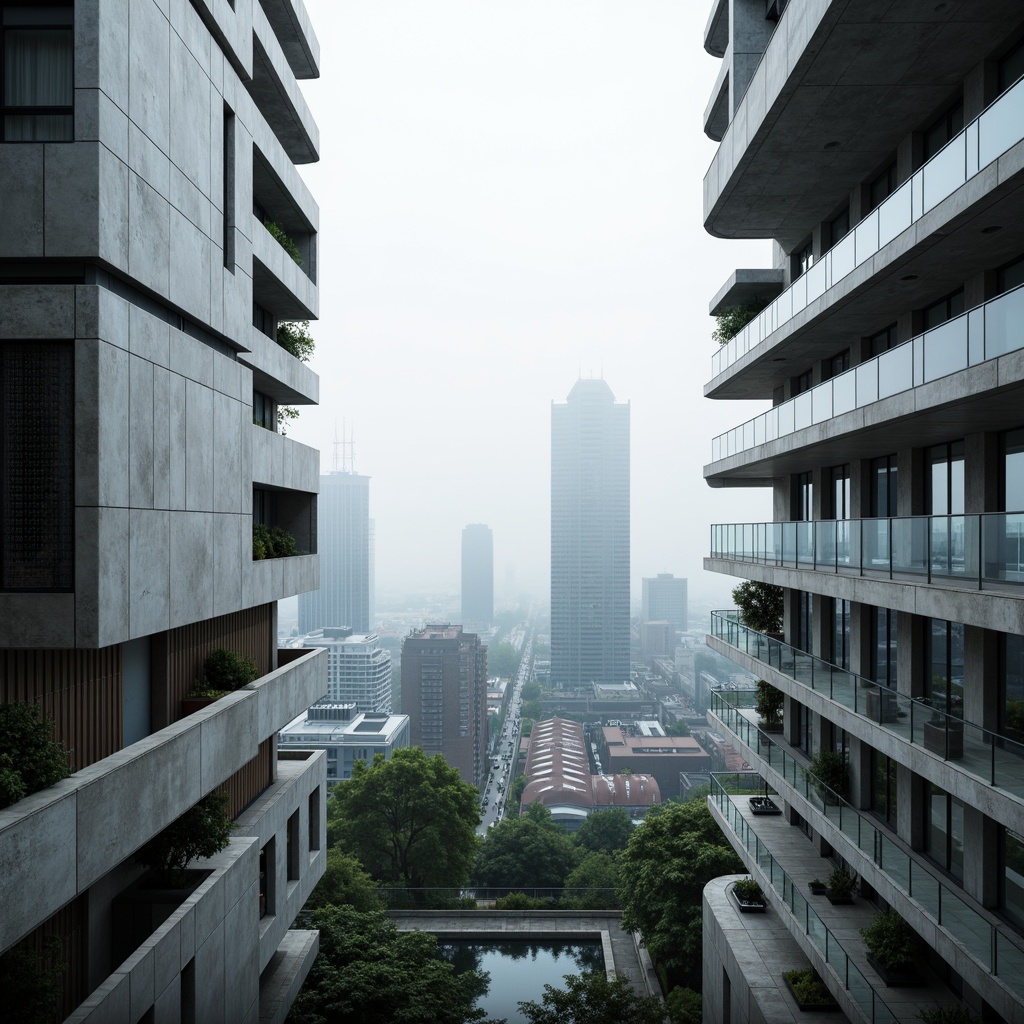 Prompt: Sleek watching towers, modernist architecture, reinforced concrete structures, angular lines, minimalist design, cantilevered balconies, floor-to-ceiling windows, industrial materials, metallic latticework, geometric shapes, brutalist influences, urban landscapes, city skylines, foggy mornings, soft diffused lighting, shallow depth of field, 2/3 composition, cinematic framing, atmospheric mist, realistic textures, ambient occlusion.