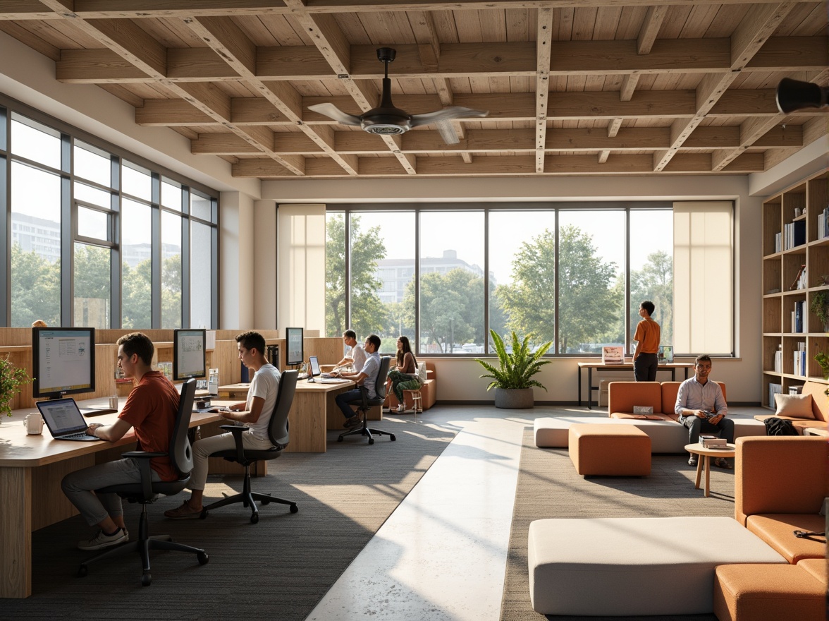 Prompt: Collaborative learning spaces, modular furniture, ergonomic chairs, interactive whiteboards, acoustic panels, natural wood accents, ample storage, flexible shelving, cozy reading nooks, comfortable seating areas, abundant natural light, soft warm lighting, 1/1 composition, shallow depth of field, realistic textures, ambient occlusion.