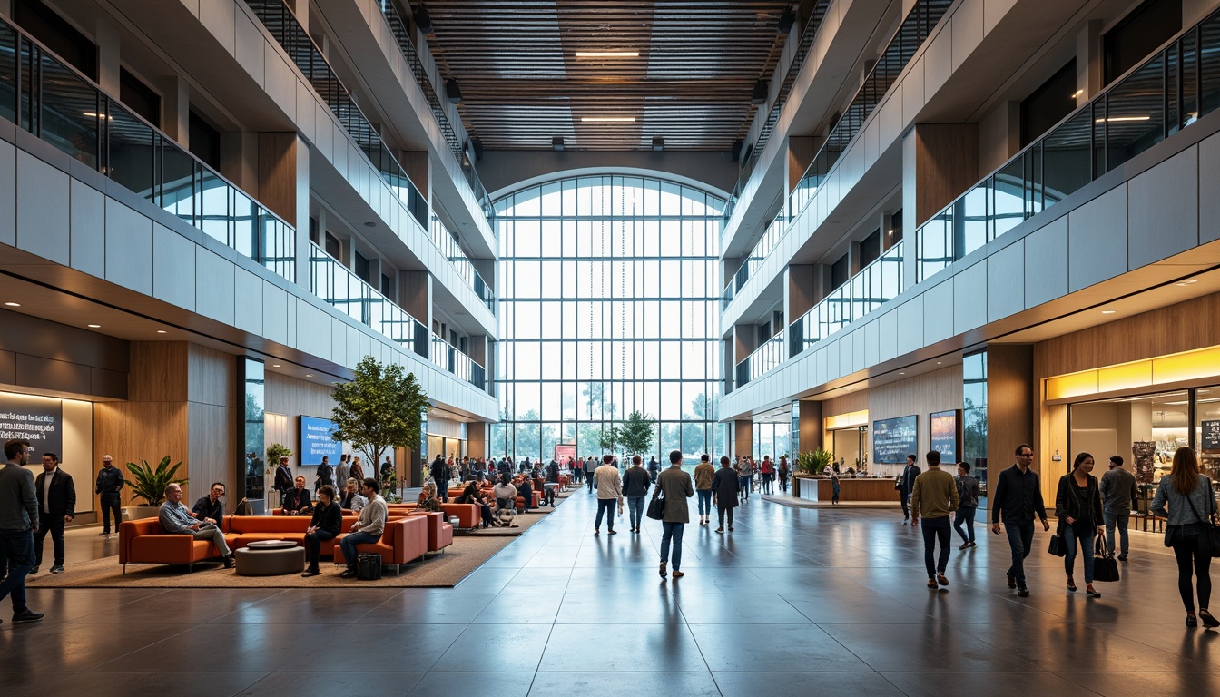 Prompt: Airy airport terminal, modern minimalist architecture, sleek glass fa\u00e7ades, steel frames, polished concrete floors, natural stone walls, wooden accents, comfortable seating areas, warm ambient lighting, soft color schemes, calming atmosphere, busy international crowd, cultural diversity, dynamic digital displays, clear signage systems, efficient wayfinding, ample natural light, open spaces, sustainable building materials, eco-friendly finishes, sound-absorbing panels, acoustic comfort, 1/1 composition, shallow depth of field, realistic textures, ambient occlusion.