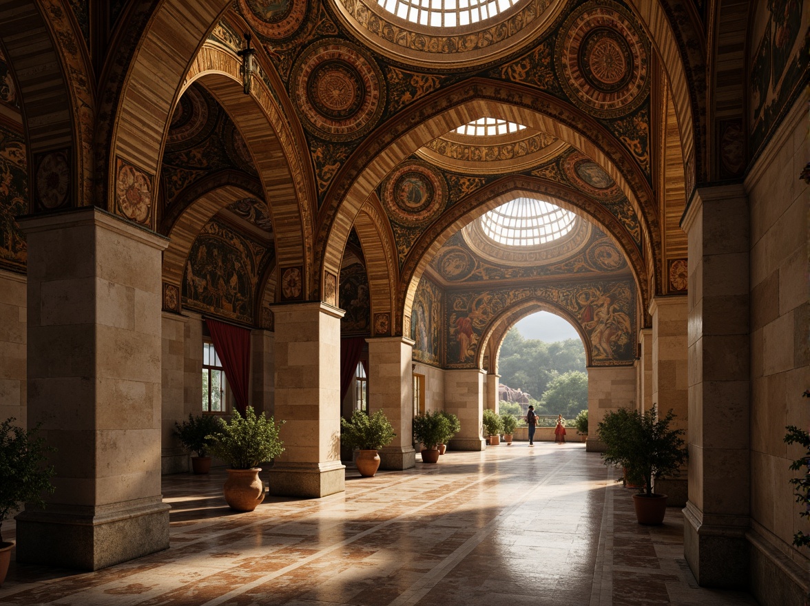 Prompt: Intricate arches, ornate carvings, golden mosaics, grand domes, vaulted ceilings, Byzantine-inspired columns, luxurious marble floors, richly textured fabrics, warm candlelight, soft shadows, mystical ambiance, ancient ruins, weathered stone walls, rustic landscape, serene atmosphere, dramatic lighting, low-angle composition, atmospheric perspective, cinematic depth of field.