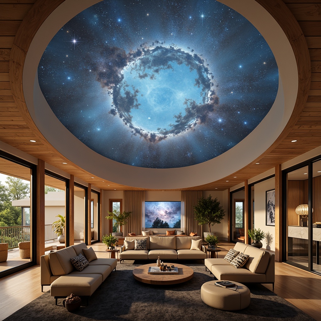 Prompt: Celestial planetarium homes, vast dome-shaped roofs, starry night sky projections, soft ethereal lighting, floor-to-ceiling windows, minimal ornamentation, sleek metallic frames, sliding glass doors, open-plan living areas, cozy reading nooks, astronomy-inspired decor, nebula-patterned rugs, ambient soundscape, 3D projection technology, futuristic interior design, luxurious lounge seating, warm beige color scheme, subtle texture variations, shallow depth of field, panoramic views.