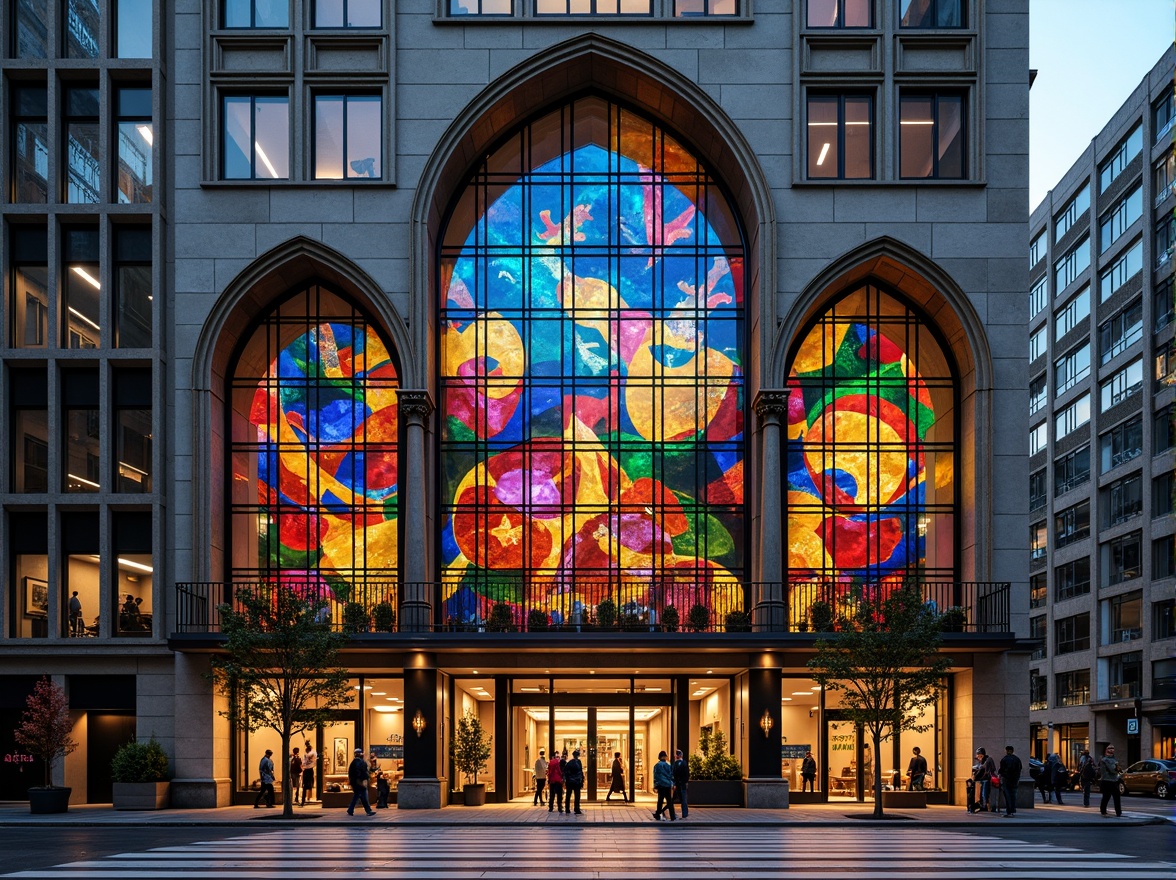 Prompt: Vibrant colored glass facade, ornate metal frameworks, stained glass windows, Gothic-inspired arches, kaleidoscope patterns, iridescent hues, refraction effects, dramatic lighting, luxurious ambiance, modern skyscraper, urban cityscape, busy streets, afternoon sunlight, soft shadows, high-contrast photography, 1/2 composition, symmetrical reflection, ambient occlusion.