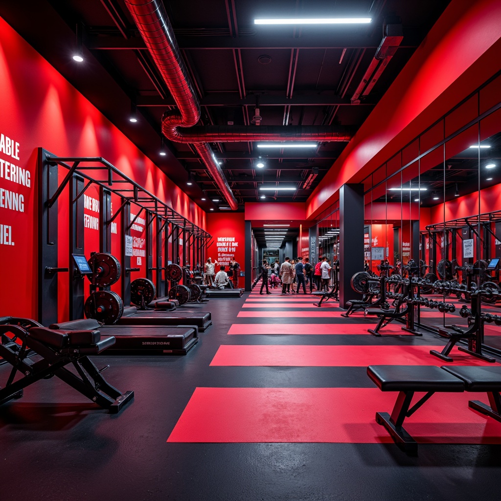 Prompt: Vibrant fitness club interior, energetic color scheme, bold red accents, sleek metal equipment, mirrored walls, high-gloss floors, motivational quotes, modern LED lighting, intense workouts, dynamic shadows, shallow depth of field, 1/2 composition, realistic textures, ambient occlusion.