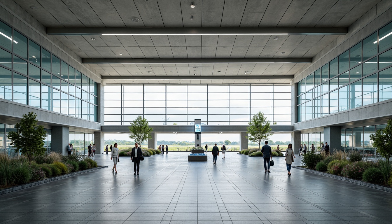 Prompt: Functional airport terminals, minimal ornamentation, rectangular forms, clean lines, industrial materials, metal frames, glass facades, open floor plans, efficient circulation paths, functional signage, wayfinding systems, modernist architecture, sparse greenery, natural light, airy atmosphere, shallow depth of field, 3/4 composition, symmetrical views, realistic textures, ambient occlusion.