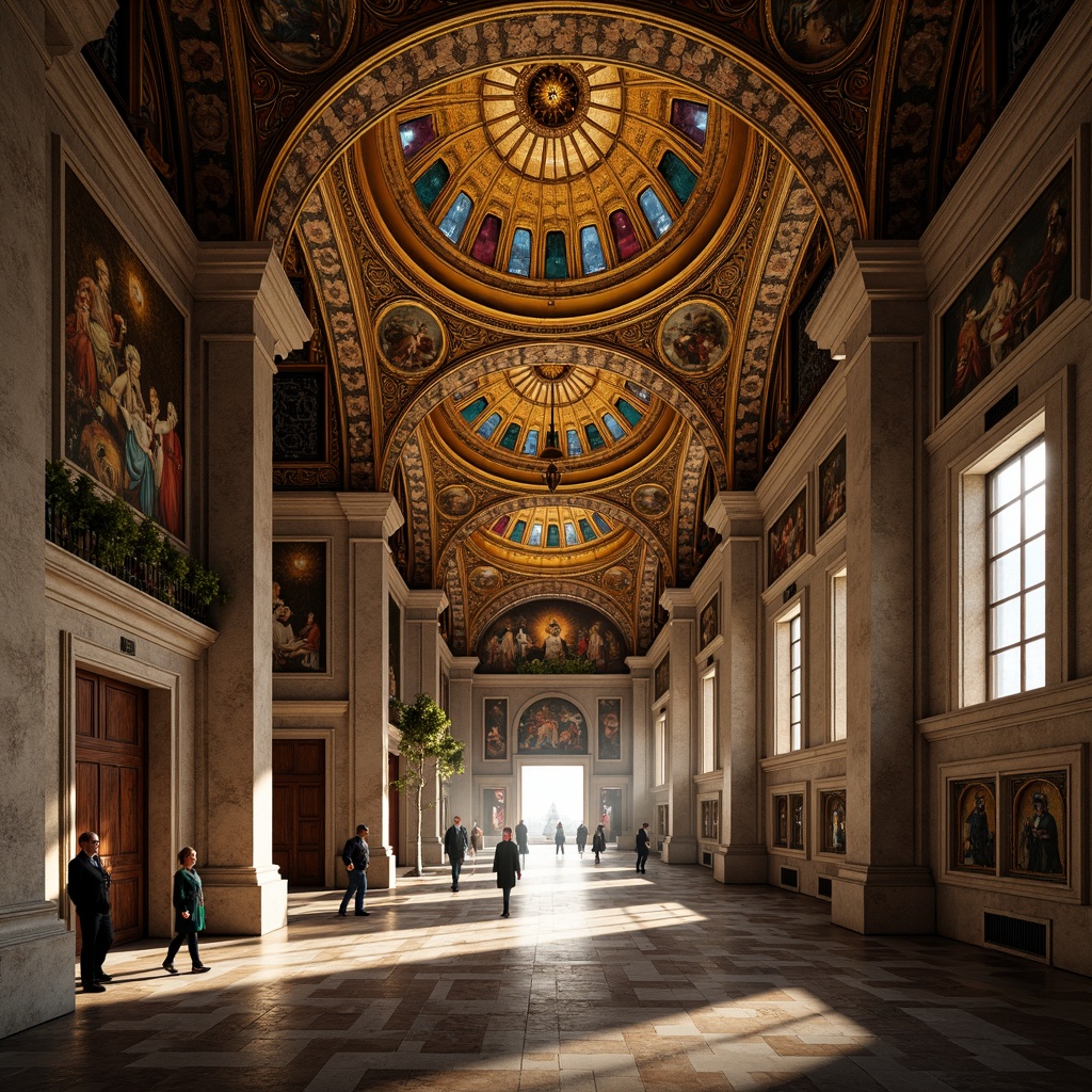 Prompt: Intricate arches, ornate carvings, golden mosaics, Byzantine-inspired domes, majestic entranceways, grandiose columns, marble flooring, vibrant frescoes, richly patterned textiles, warm candlelight, atmospheric shading, dramatic spotlighting, high contrast ratio, 1/2 composition, symmetrical framing, realistic stone textures, ambient occlusion.