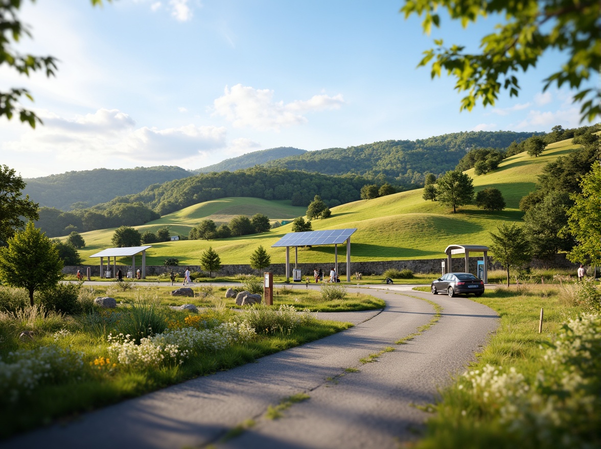 Prompt: Rustic country roads, rolling hills, green pastures, electric vehicle charging stations, modern solar panels, sleek metal canopies, natural stone walls, wooden fences, scenic viewpoints, winding pathways, blooming wildflowers, clear blue skies, soft warm lighting, shallow depth of field, 3/4 composition, panoramic view, realistic textures, ambient occlusion.