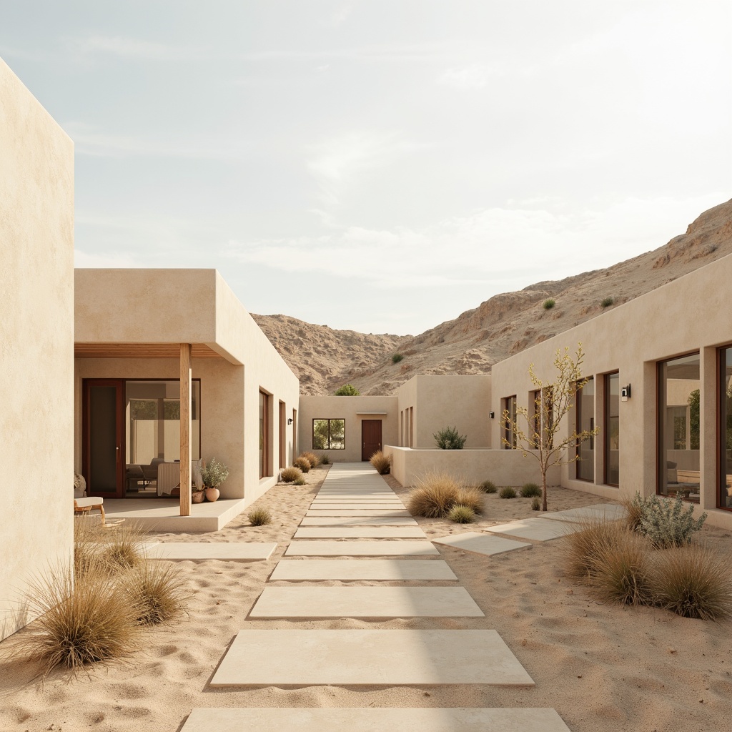 Prompt: Soft beige buildings, natural stone walls, earthy tones, warm sandy dunes, desert landscape, calm atmosphere, serene ambiance, minimalist design, clean lines, simple forms, creamy whites, gentle creams, weathered wood accents, rusty metal details, soft warm lighting, shallow depth of field, 3/4 composition, panoramic view, realistic textures, ambient occlusion.