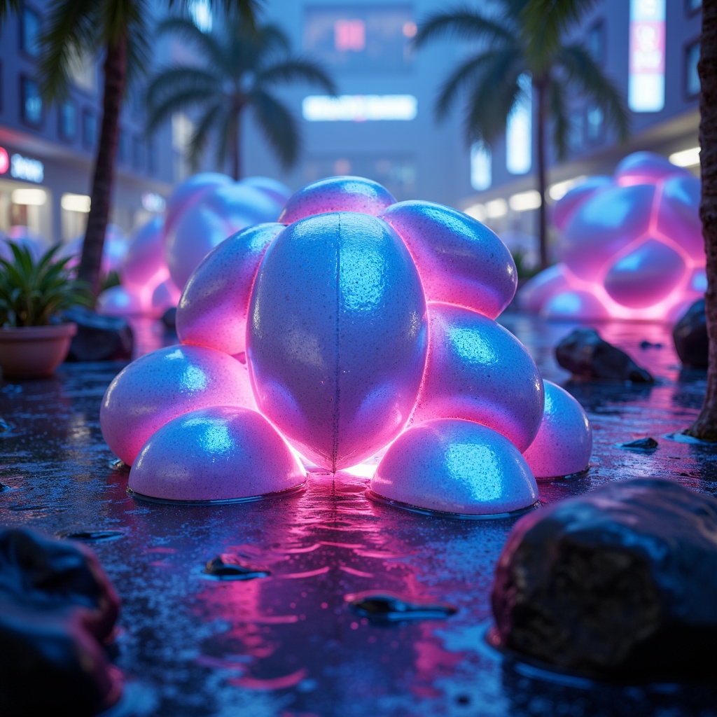 Prompt: Iridescent blob-like structures, glowing neon lights, futuristic ambiance, vibrant electric blue, radiant hot pink, luminescent green, metallic silver accents, glossy reflective surfaces, smooth rounded shapes, fluid organic forms, surreal dreamlike atmosphere, misty foggy background, soft ethereal glow, shallow depth of field, 1/1 composition, symmetrical framing, high contrast lighting, detailed textures, ambient occlusion.