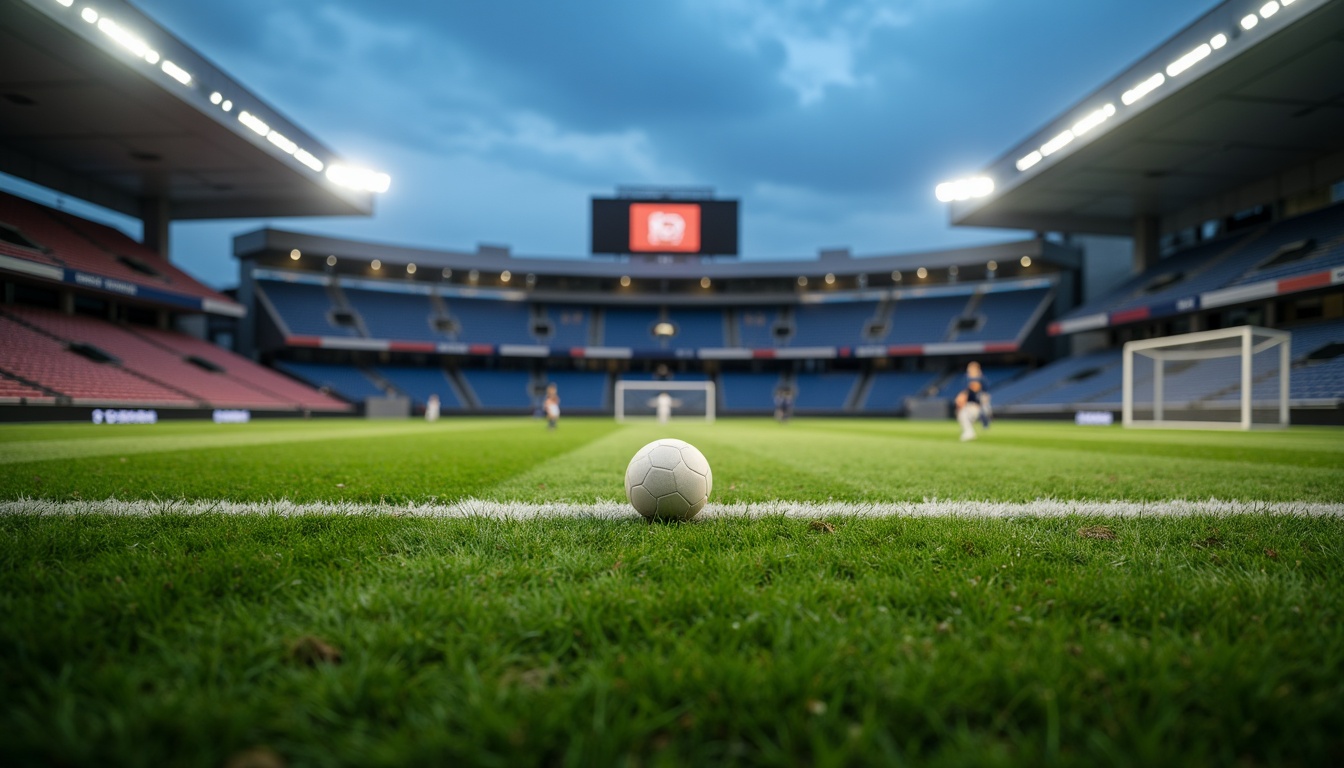 Prompt: Natural grass, artificial turf, rubberized surfaces, athletic tracks, sports equipment, goalposts, stadium seating, scoreboard displays, floodlighting, evening atmosphere, shallow depth of field, 1/2 composition, low-angle shot, realistic textures, ambient occlusion.