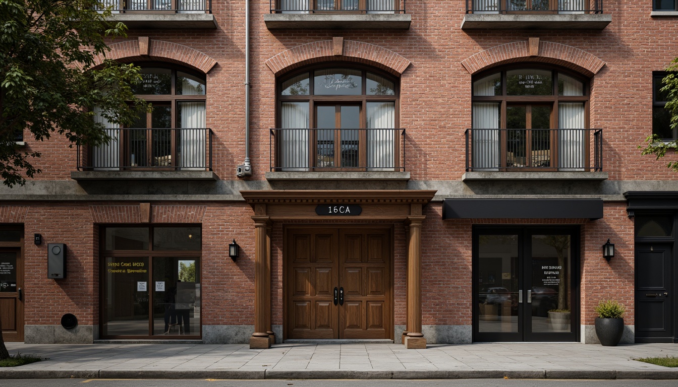 Prompt: Rustic warehouse facade, exposed brick walls, classic industrial architecture, distressed wooden accents, ornate metal details, vintage signage, arched windows, decorative cornices, neutral color palette, warm ambient lighting, soft focus effect, shallow depth of field, 2/3 composition, realistic textures, subtle wear and tear.