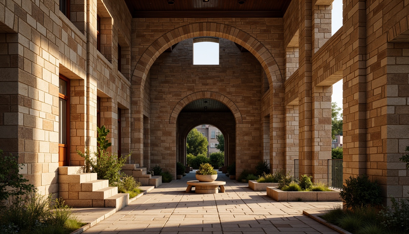 Prompt: Ancient stone walls, rough-hewn granite blocks, weathered brick facades, earthy tones, natural textures, rustic charm, medieval-inspired architecture, grandiose scale, dramatic archways, ornate carvings, intricate stonework, warm golden lighting, soft shadows, 1/1 composition, realistic material rendering, ambient occlusion.