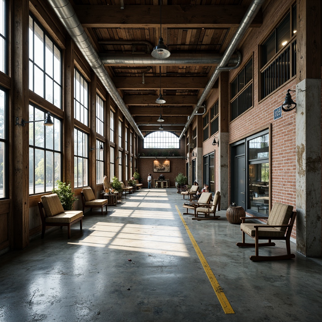 Prompt: Industrial-style factory building, exposed metal beams, polished concrete floors, reclaimed wood accents, metallic color palette, minimalist decor, abundant natural light, large industrial windows, functional piping systems, distressed textures, realistic reflections, cinematic lighting, 3/4 composition, shallow depth of field, panoramic view.