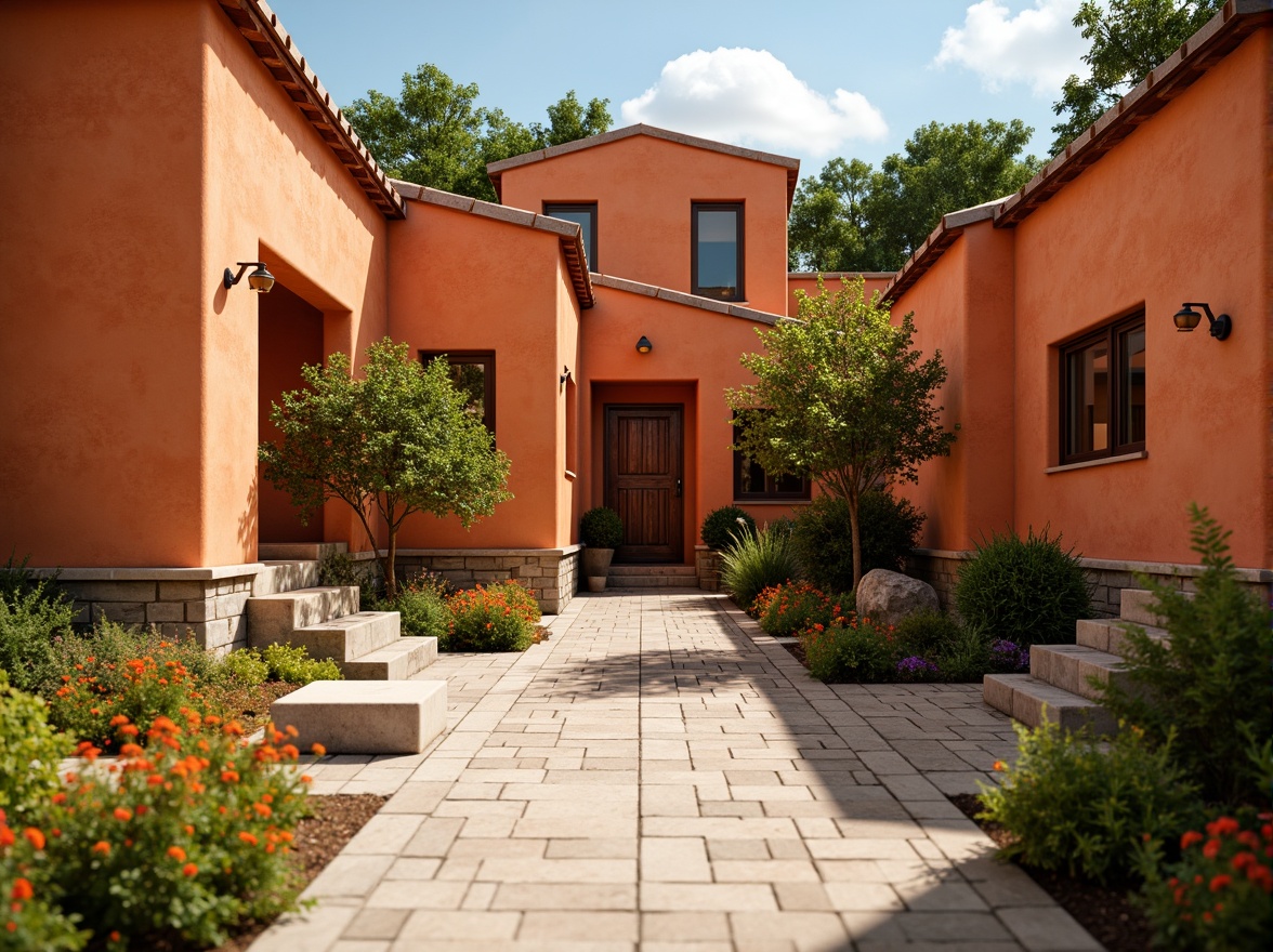 Prompt: Warm persimmon hues, earthy terracotta walls, rich sienna roofs, vibrant orange accents, natural stone foundations, rustic wooden doors, copper metal details, lush greenery, blooming flowers, sunny day, soft warm lighting, shallow depth of field, 3/4 composition, panoramic view, realistic textures, ambient occlusion.