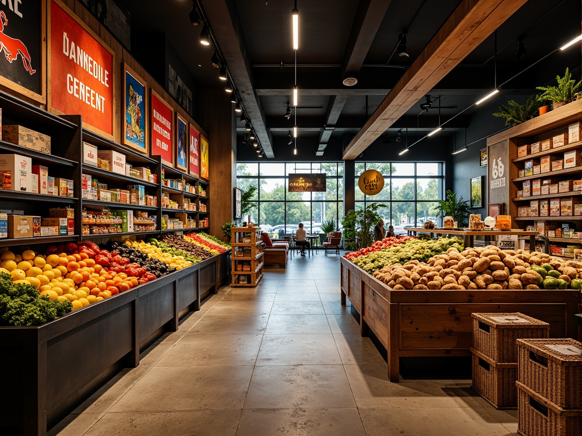 Prompt: Vibrant grocery store interior, warm and inviting ambiance, softbox lighting, dramatic shadows, colorful produce stands, fresh fruits and vegetables, artisanal bread displays, rustic wooden crates, vintage metal shelving, distressed concrete floors, eclectic decorative signs, modern minimalist ceiling fixtures, LED strip lights, accent spotlights, cinematic high contrast ratio, 2.35