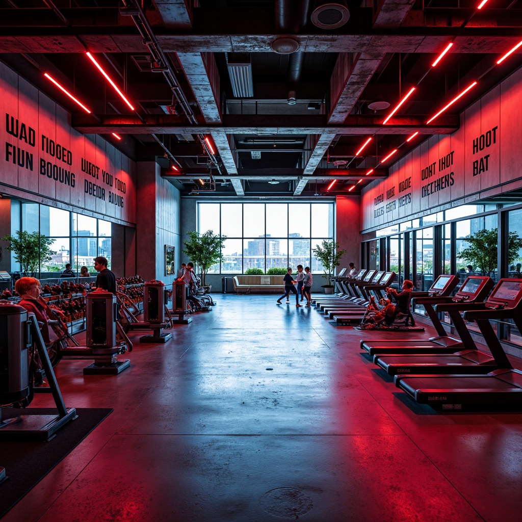 Prompt: Vibrant fitness club interior, energetic color scheme, bold red accents, metallic silver tones, deep blue undertones, neon green highlights, dynamic LED lighting, modern industrial architecture, polished concrete floors, sleek metal equipment, motivational quotes, high-ceiling windows, natural daylight, urban cityscape views, morning sunlight, soft warm ambiance, shallow depth of field, 1/1 composition, realistic textures, ambient occlusion.