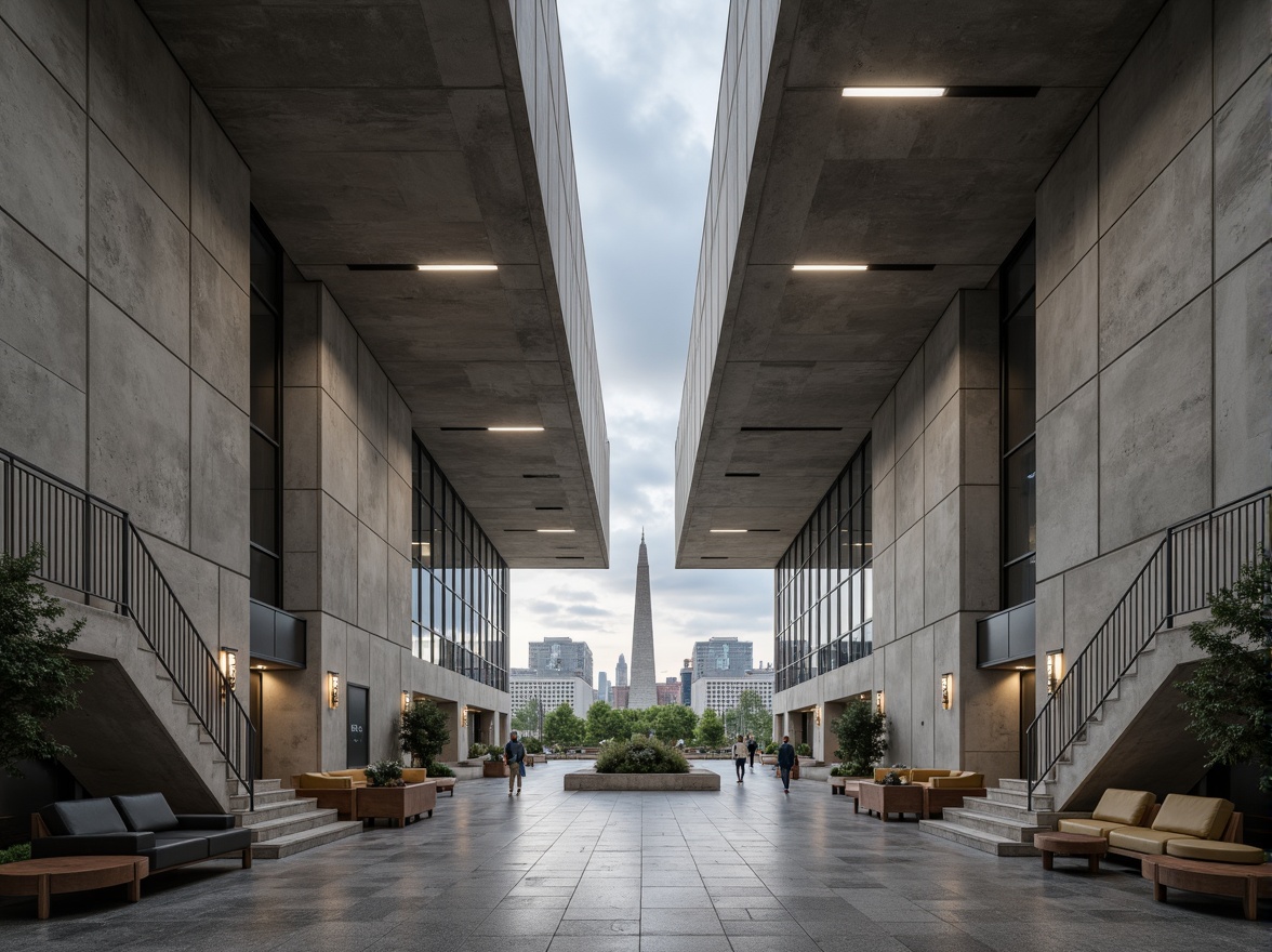 Prompt: Raw concrete walls, exposed ductwork, brutalist architecture, grand atrium, monumental staircases, minimalist decor, industrial lighting fixtures, polished stone floors, functional furnishings, government offices, civic centers, public institutions, urban landscapes, overcast skies, dramatic shadows, high-contrast lighting, symmetrical composition, realistic textures, ambient occlusion.