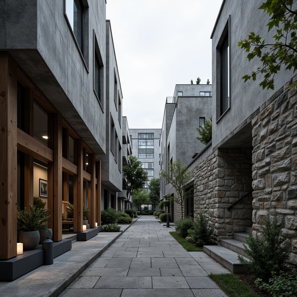 Prompt: Weathered concrete walls, industrial metal cladding, rough stone facades, reclaimed wood accents, brutalist structures, minimalist decor, urban cityscape, overcast sky, dramatic shadows, low-angle lighting, atmospheric perspective, 1-point perspective, realistic rendering, subtle texture details, ambient occlusion, detailed normal maps.