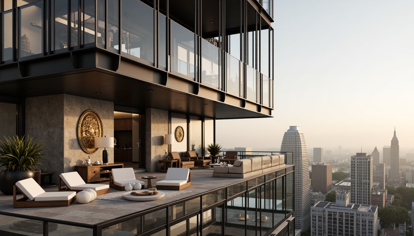 Prompt: Luxurious penthouse facade, constructivist architecture, angular metal frames, cantilevered balconies, floor-to-ceiling glass windows, sleek minimalist design, industrial chic aesthetic, urban cityscape views, morning foggy atmosphere, soft warm lighting, shallow depth of field, 3/4 composition, panoramic view, realistic textures, ambient occlusion, metallic materials, polished concrete surfaces, geometric patterns, modern art installations, lavish interior decor.