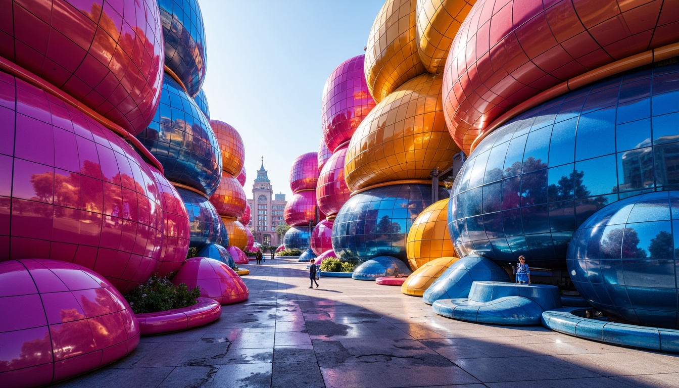 Prompt: Vibrant blob-shaped buildings, iridescent colors, neon lights, glowing accents, futuristic architecture, undulating curves, reflective metallic surfaces, glossy finishes, bold color blocking, high-contrast hues, electric blue highlights, hot pink accents, sunny day, soft warm lighting, shallow depth of field, 3/4 composition, panoramic view, realistic textures, ambient occlusion.