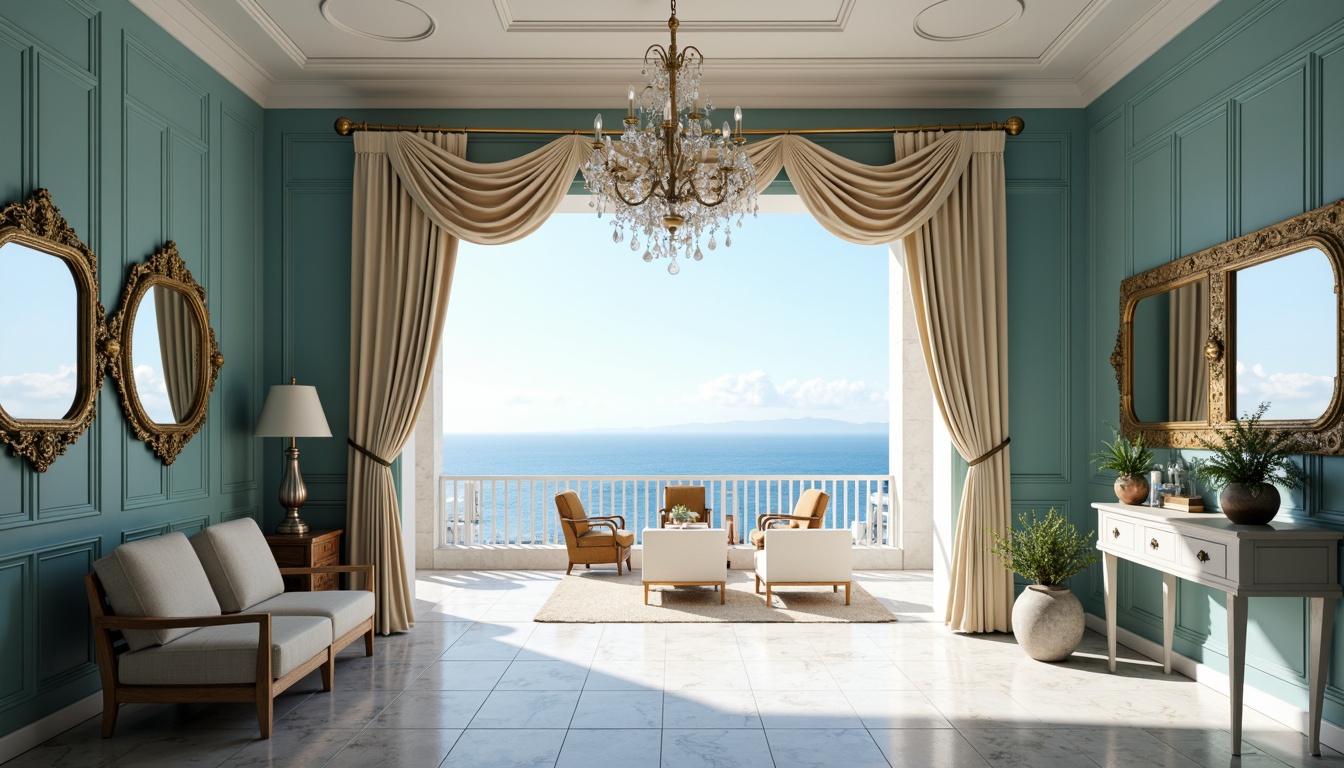 Prompt: Cerulean blue walls, soft creamy whites, warm golden accents, elegant ornate mirrors, refined velvet drapes, sophisticated marble floors, luxurious crystal chandeliers, serene ocean views, sunny cloudless skies, shallow depth of field, 1/1 composition, realistic textures, ambient occlusion.