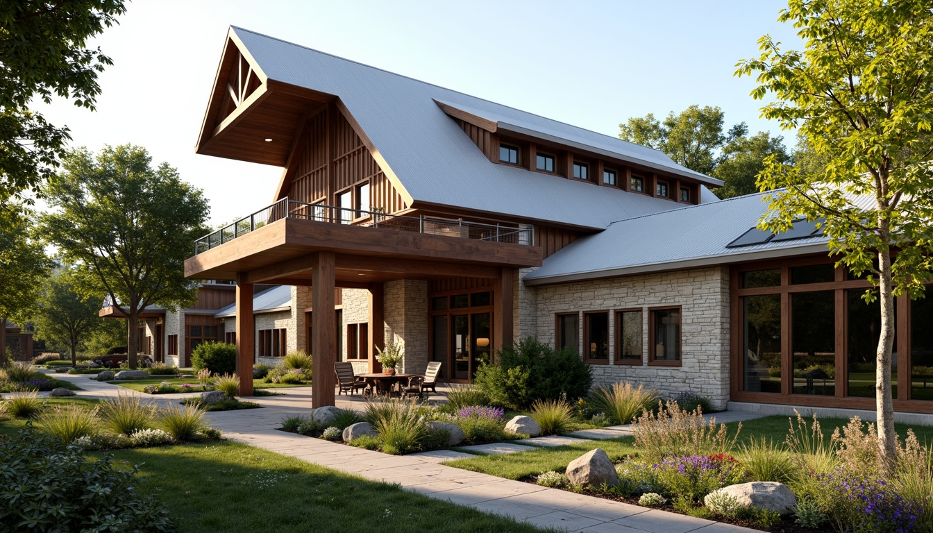 Prompt: Rustic barn-style academic building, corrugated metal roofing, wooden trusses, exposed beams, natural stone walls, earthy color palette, lush greenery, overhanging eaves, clerestory windows, asymmetrical fa\u00e7ade, modern sustainable materials, solar panels, green roofs, innovative drainage systems, skylights, soft warm lighting, shallow depth of field, 3/4 composition, realistic textures, ambient occlusion.