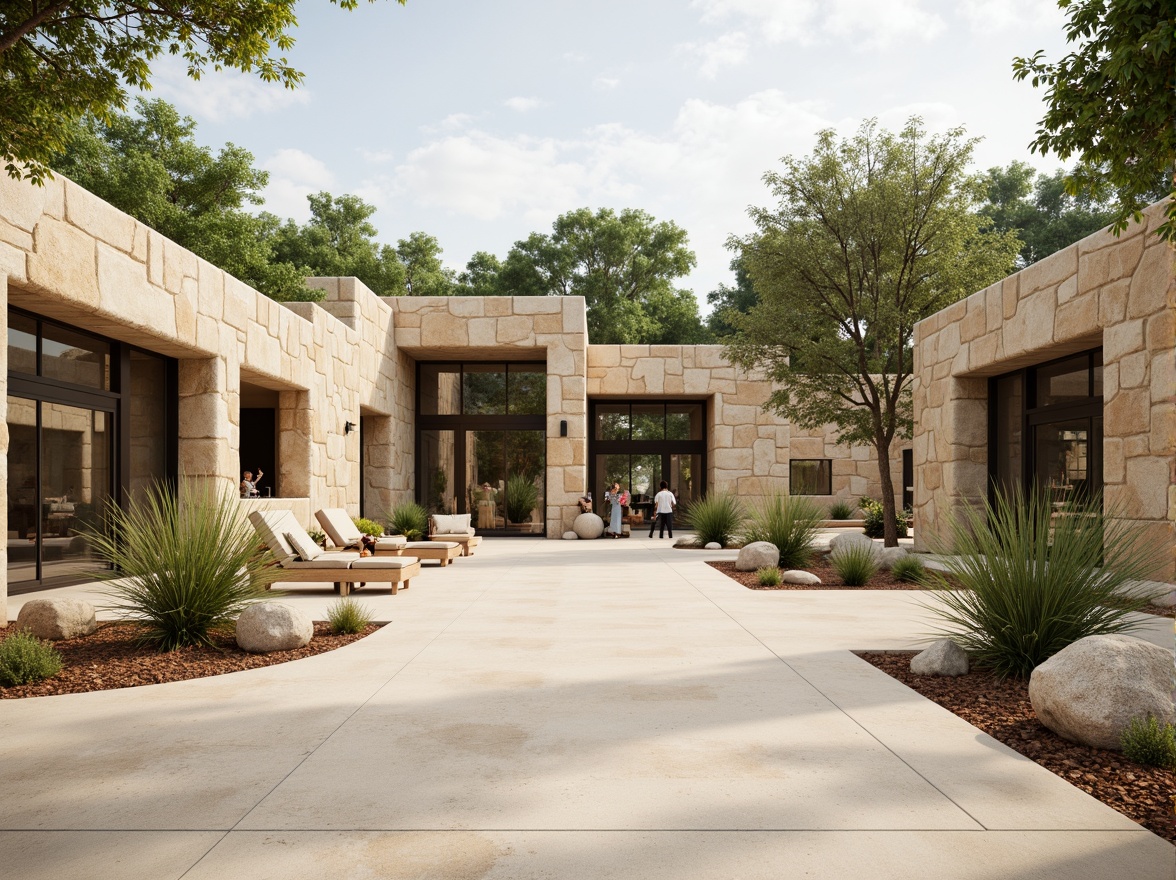 Prompt: Earthy visitor center, natural stone walls, wooden accents, green roofs, organic shapes, modern minimalism, neutral color palette, beige tones, sage greens, sandy neutrals, warm earthy browns, soft creams, subtle textures, ambient lighting, gentle shadows, shallow depth of field, 1/1 composition, realistic renderings, atmospheric perspective.