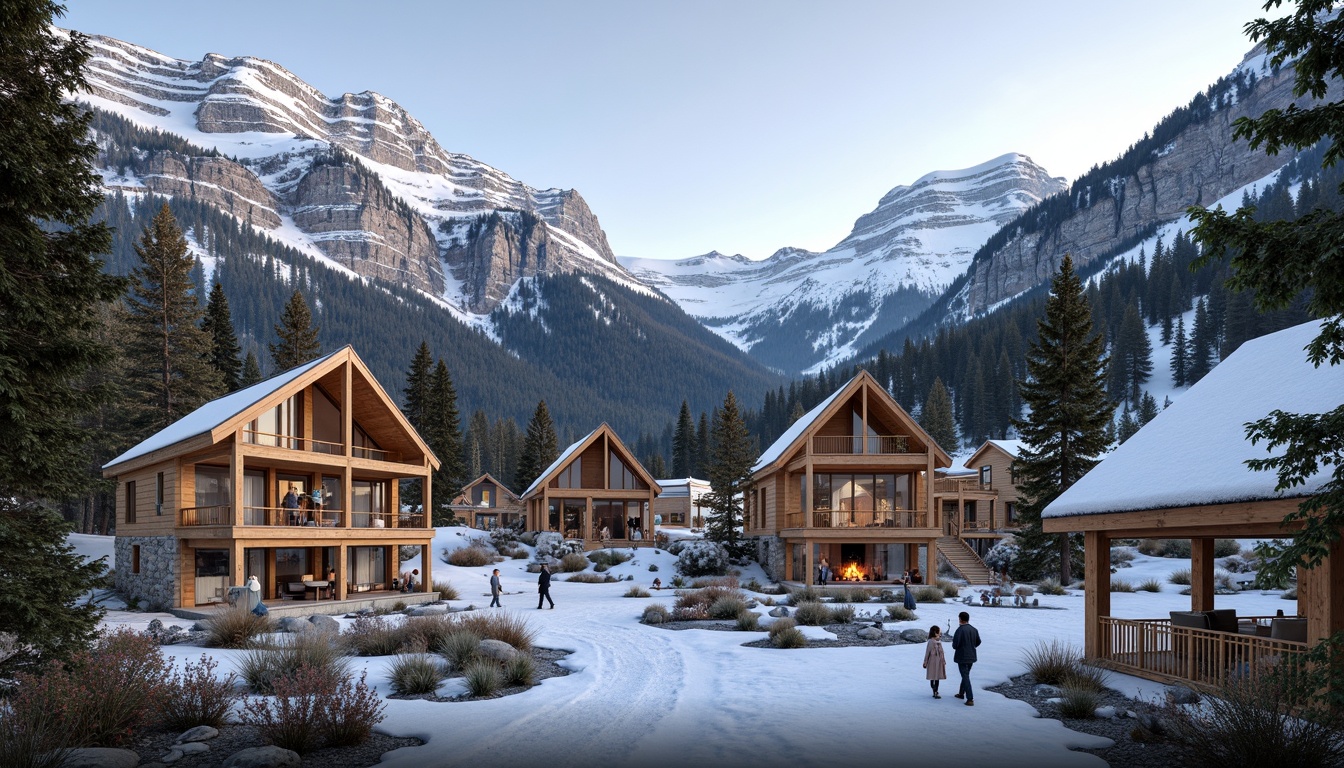 Prompt: Snow-capped mountains, lush forest surroundings, wooden ski lodge buildings, natural stone foundations, large windows, glass roofs, abundant daylight, warm cozy atmosphere, rustic wooden decor, earthy color palette, organic shapes, curved lines, minimal ornamentation, functional simplicity, ski equipment storage, locker rooms, communal lounge areas, crackling fireplaces, warm beverage stations, ski-inspired artwork, nature-infused ambiance, soft diffused lighting, shallow depth of field, 3/4 composition, panoramic view, realistic textures, ambient occlusion.