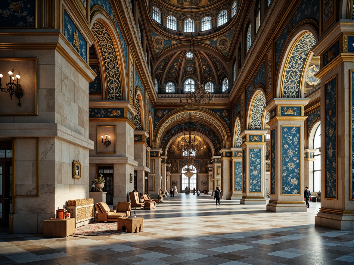 Prompt: Byzantine-style architecture, grand domes, intricate mosaics, ornate columns, lavish frescoes, azure blue hues, golden accents, rich jewel tones, creamy marble textures, ornamental patterns, luxurious fabrics, regal atmosphere, soft warm lighting, high contrast ratio, shallow depth of field, 1/1 composition, symmetrical framing, realistic reflections, ambient occlusion.