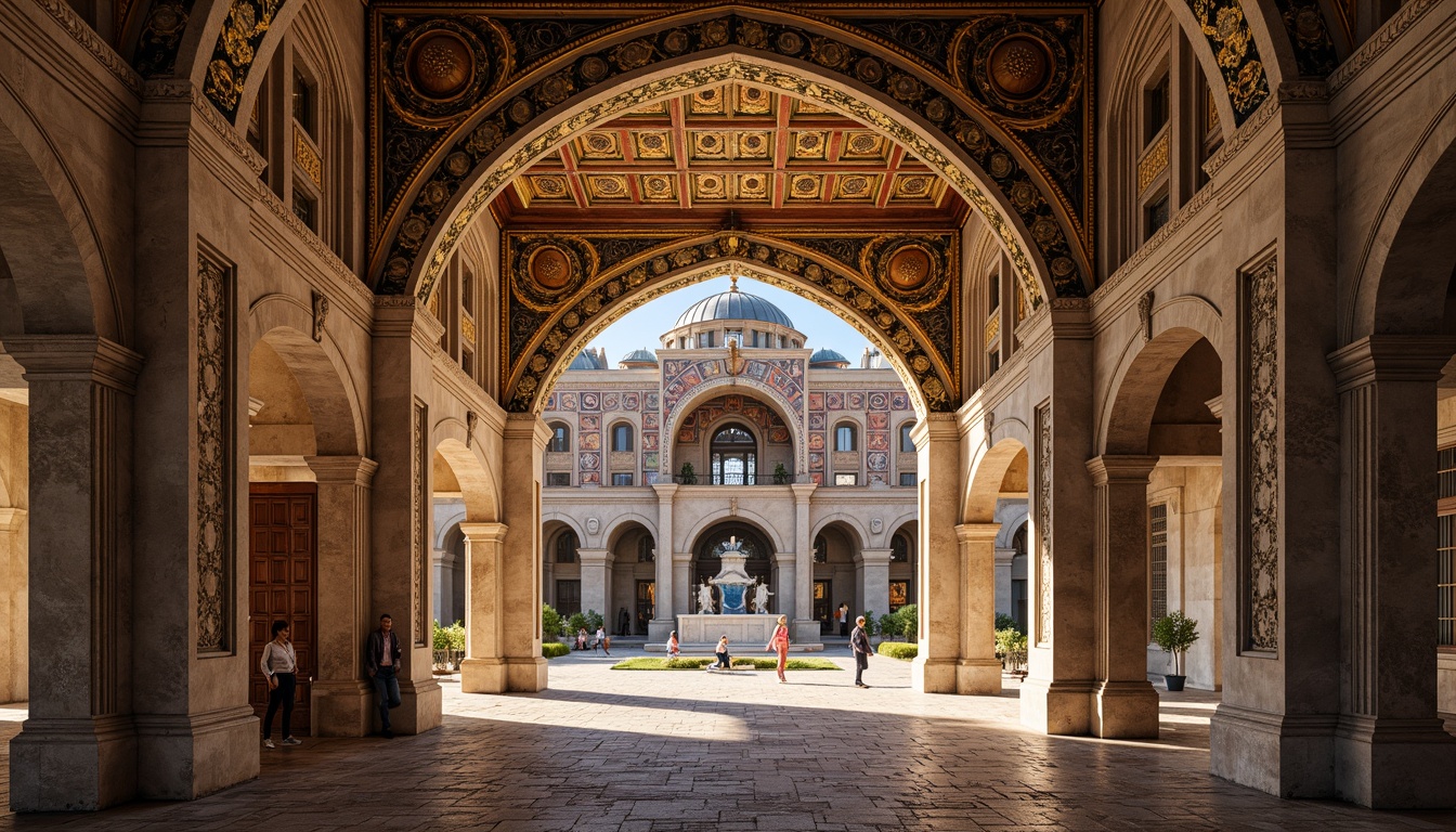 Prompt: Intricate stone carvings, ornate arches, grand domes, vibrant mosaic patterns, golden accents, rustic brick walls, ornamental columns, capital decorations, elaborate frescoes, richly textured stonework, warm earthy tones, soft diffused lighting, high contrast shadows, 1/1 composition, detailed textures, ambient occlusion.