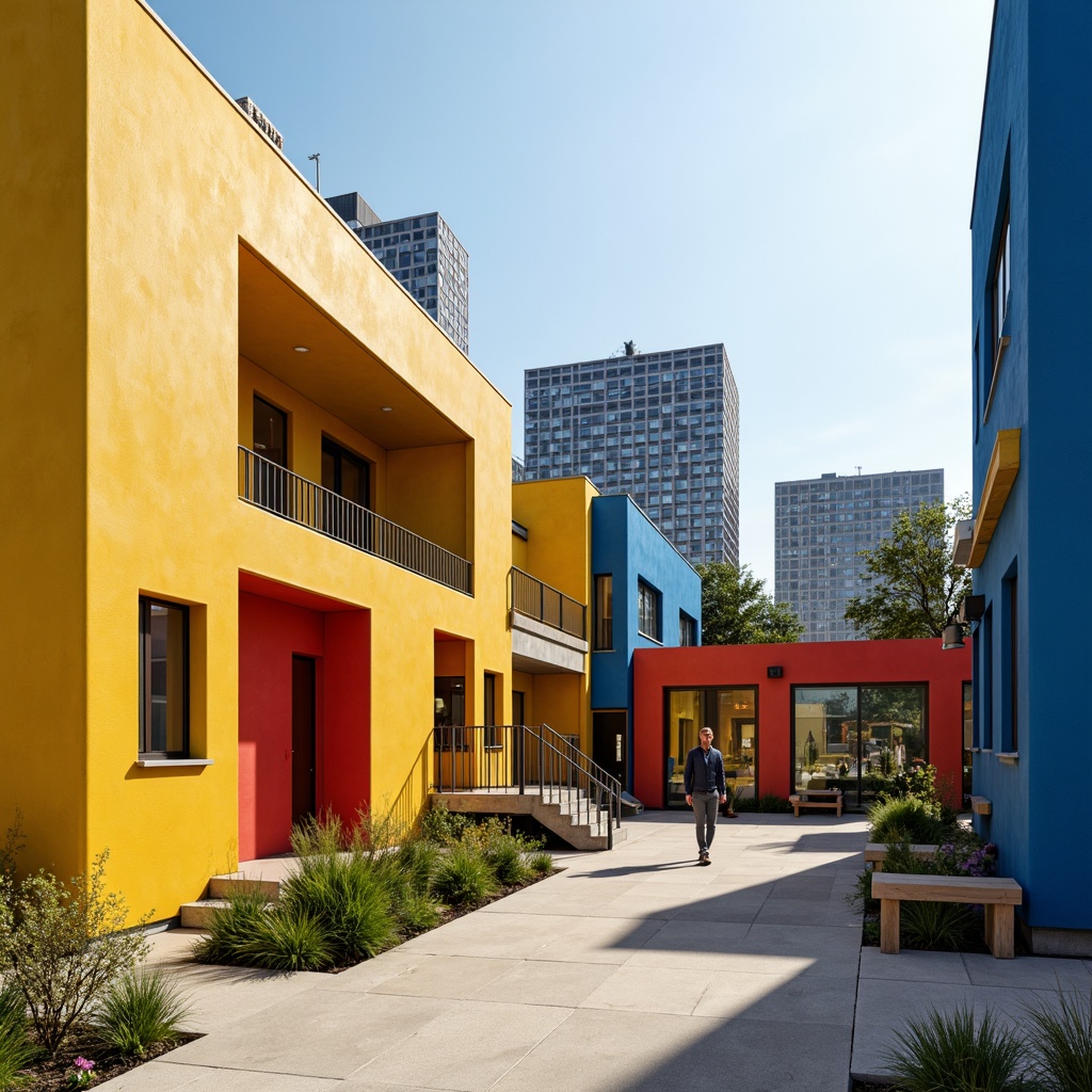 Prompt: Vibrant community center, bold Bauhaus architecture, primary color scheme, bright yellow walls, deep blue accents, bold red doors, natural wood textures, industrial metal frames, geometric patterned windows, minimalist design, functional simplicity, brutalist concrete structures, urban cityscape background, sunny afternoon light, shallow depth of field, 1/1 composition, realistic material rendering, ambient occlusion.