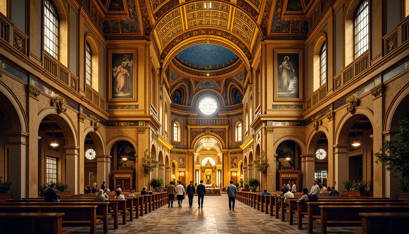 Prompt: Golden Orthodox church, intricate mosaics, shimmering gold tiles, vibrant colored glass, ornate marble floors, grand domes, sacred icons, solemn atmosphere, warm soft lighting, detailed stone carvings, arched windows, rich textiles, luxurious fabrics, regal ambiance, majestic architecture, ornamental friezes, symbolic motifs, Byzantine patterns, ancient Greek influences.