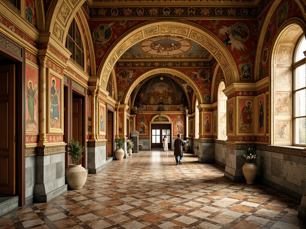 Prompt: Golden Byzantine mosaics, intricate stone patterns, ornate marble floors, lavish imperial architecture, majestic domed ceilings, vibrant glass tiles, sacred Christian icons, elaborate frescoes, rich jewel-toned colors, soft warm lighting, shallow depth of field, 1/1 composition, realistic textures, ambient occlusion.